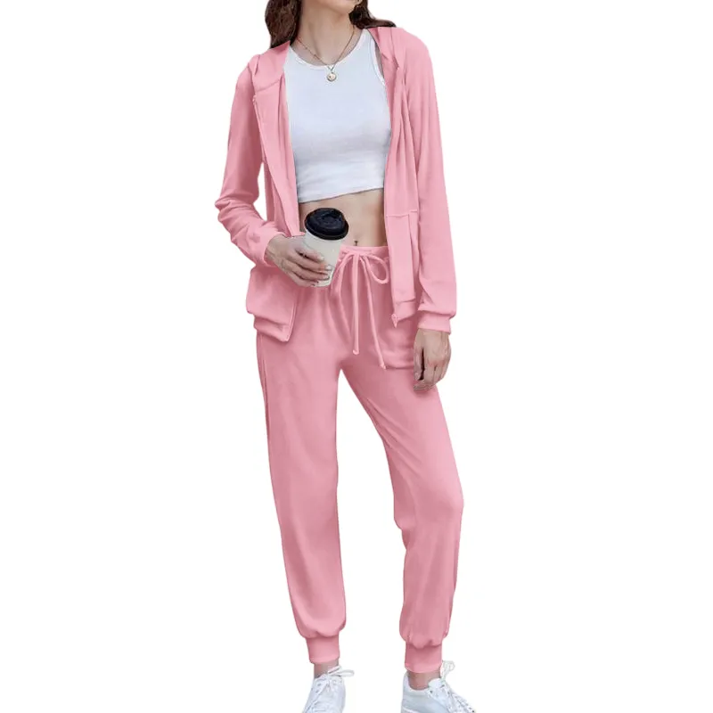 Women's Casual Velour Tracksuit Set Full Zipper Hoodie