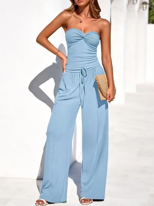 Two-Piece Sets For Women Summer Ribbed Strapless Twist Knot Tube Top Pants Set