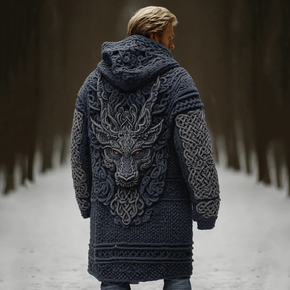 Men's Viking Dragon Head Celtic Knot Pocket Mid-length Cardigan