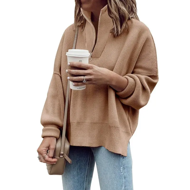 Women's Long Sleeve 14 Zip Oversized Ribbed Knit Tunic Sweater