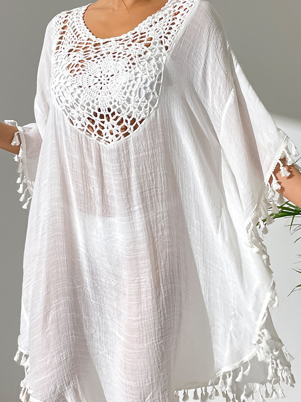 Hollow Solid Color Sun Protection Tasseled Batwing Sleeves Loose Round-Neck Midi Dresses Cover-Ups Tops