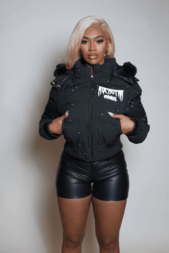 Gabrielle Black Rhinestone Puffer Jacket With Fur Hood
