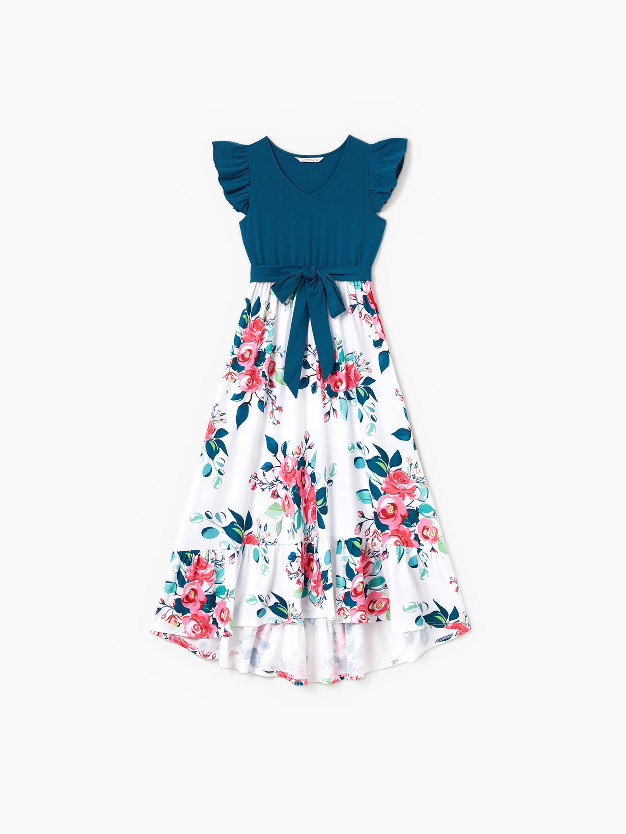 Family Matching Solid V Neck Flutter-sleeve Splicing Floral Print Dresses and Short-sleeve Colorblock T-shirts Sets Azure-