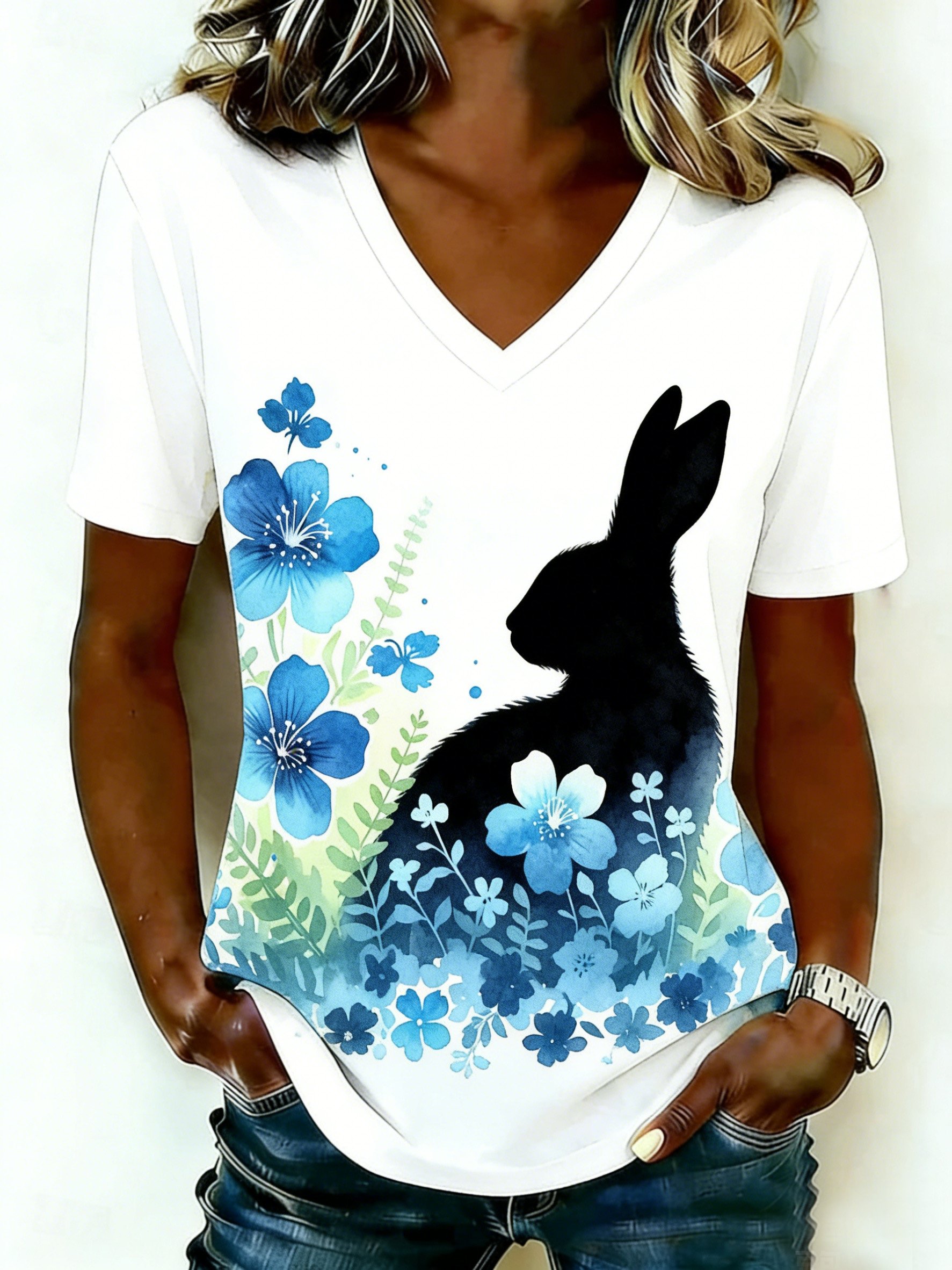 3D Printing Short Sleeve Round Neck Easter Rabbit Floral Summer Casual T-Shirt