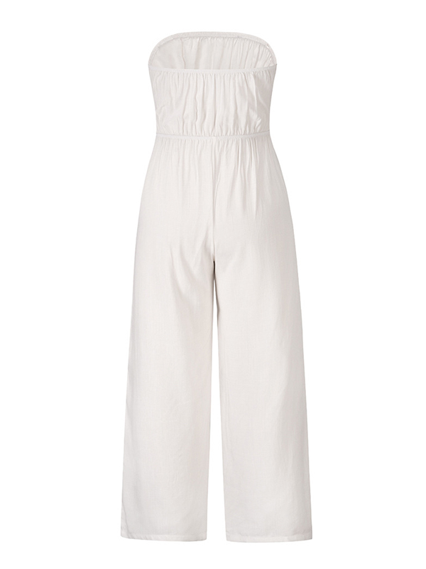 Original Cold Shoulder Tied Solid Color Straight Leg Jumpsuits