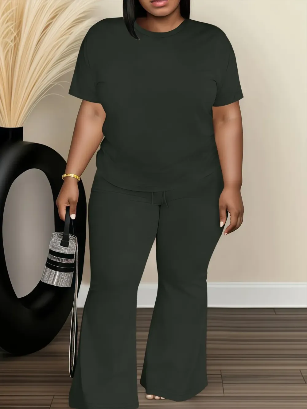 Women's Fashionable Big Size Casual Round Neck Short Sleeve Top & Loose Fit Straight Pants Set, Spring & Fall Comfortable Plain Design