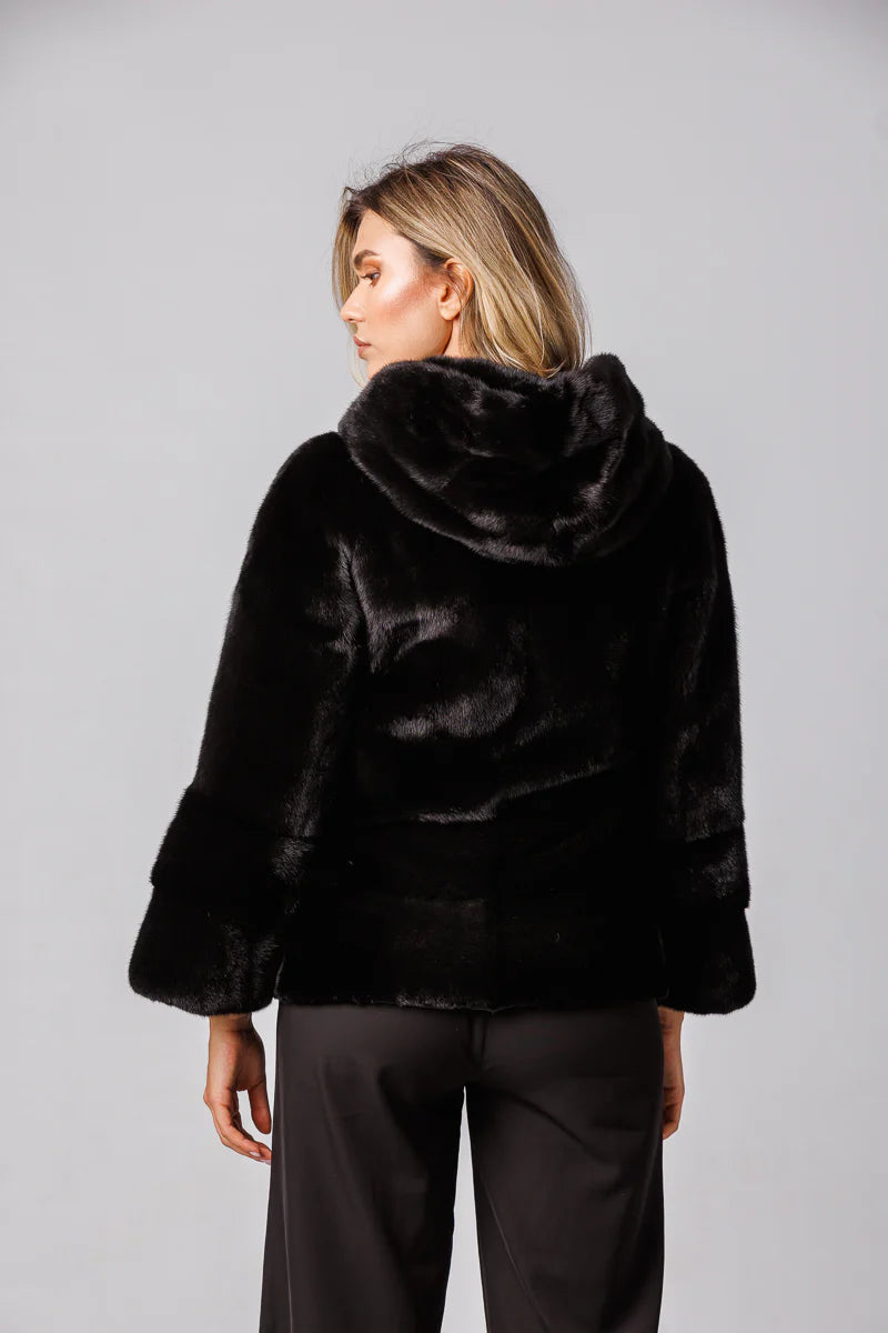 Haină din Blană Naturală de Vizon, cu Glugă, Femei, Diamond 201