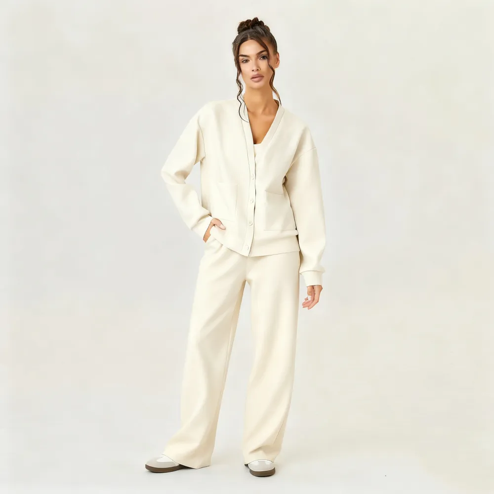 Women's Slouchy Solid Color V Neck Long Sleeve  & Drawstring Waist Trousers Co-ord