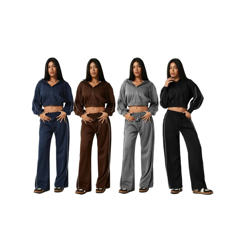 Women’s Hooded Tracksuit Set (Cropped Hoodie + Wide Leg Pants)