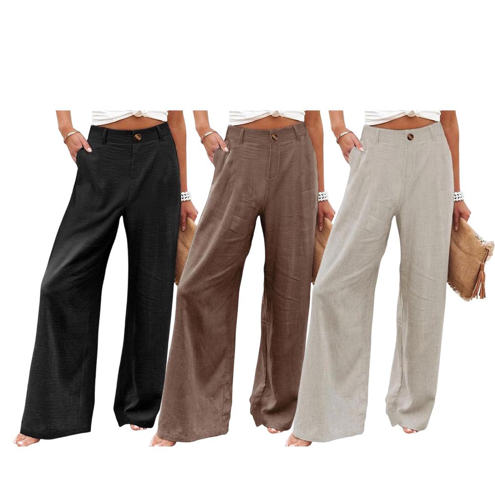 Womens Cotton Linen Pants Casual Button Up High Waisted Wide Leg Trousers Wideleg Loose Womenswear Apricot