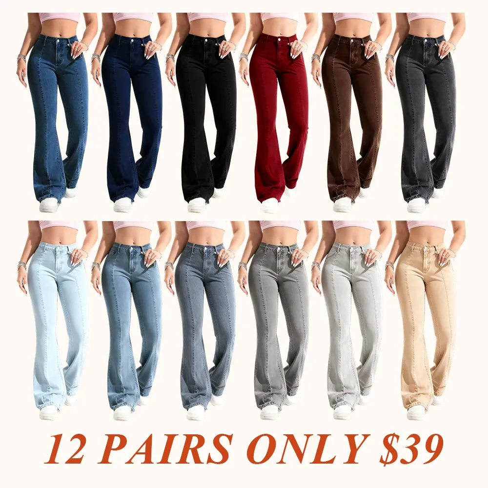 Women's Blue Washed Denim Flare Pants, Fashionable Comfortable Versatile Elastic Jeans