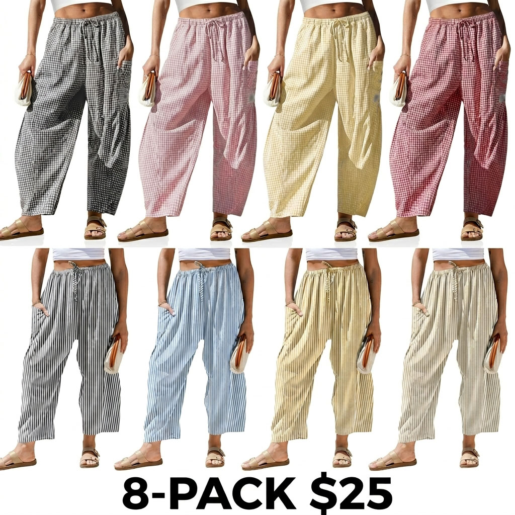 Women's Gingham Striped Wide Leg Pants – Low Waist Drawstring Palazzo with Pockets