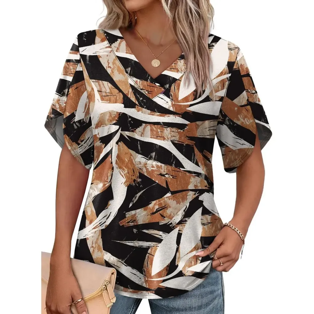 Womens Summer Tops Short Petal Sleeve Shirts Fashion V Neck Outfits Clothes