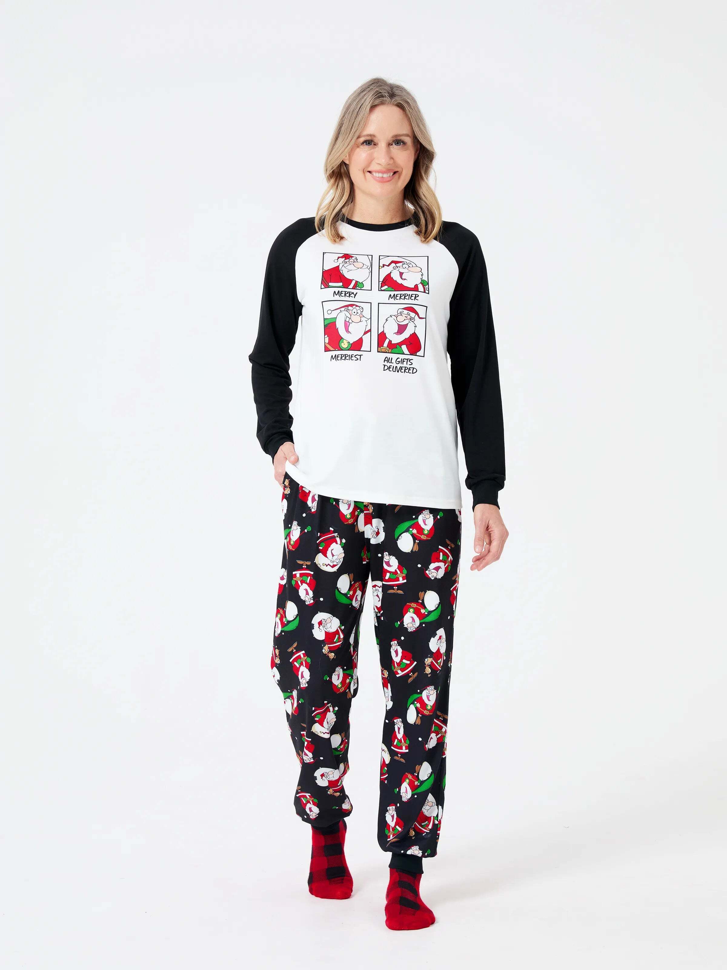 Christmas Matching Family Pajamas Set Christmas Santa Print Black and White PJS with Christmas Socks Black