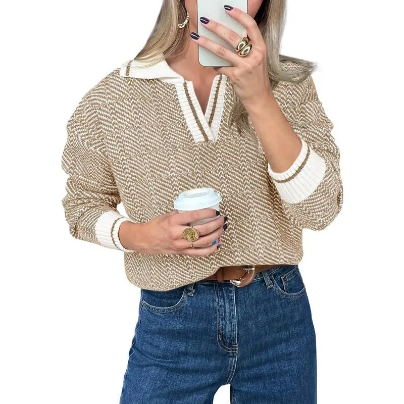 Womens V Neck Knit Sweater Color Block Long Sleeve