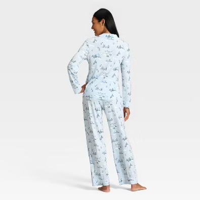 Women's Cloud Knit Modal Long Sleeve Notch Collar Top and Pants Pajama Set - AudenTM Blue