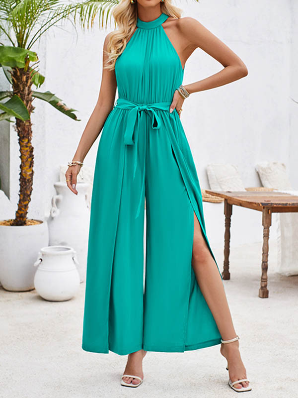 Pleated Solid Color Split-Front Tied Waist High Waisted Loose Halter-Neck Jumpsuits