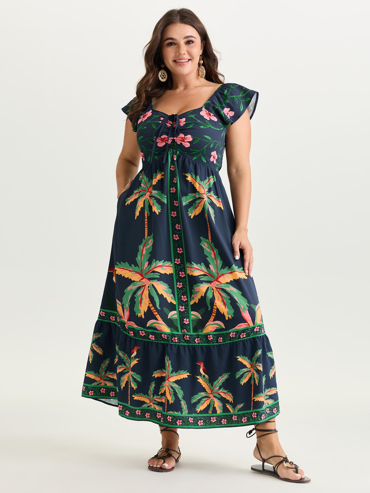 Supersoft Tropical Floral Print Drawstring Maxi Dress