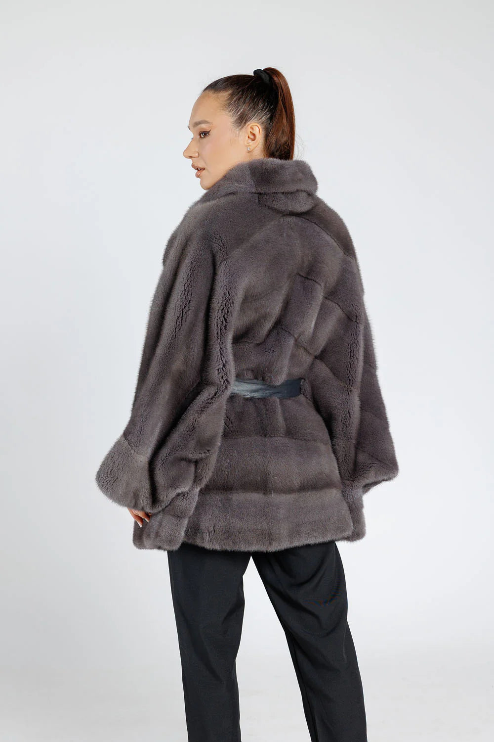 Haină din Blană Naturală de Vizon, cu Cordon din Piele, Guler Rever, Oversized, Femei, Graphite 393