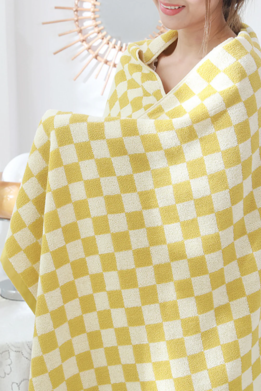 Yellow Cream Checkered Print Soft Large Bath Towel