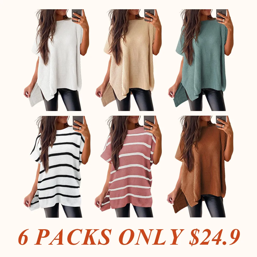 Women’s Crew Neck Short Sleeve Pullover Elegant Solid Color Knitwear