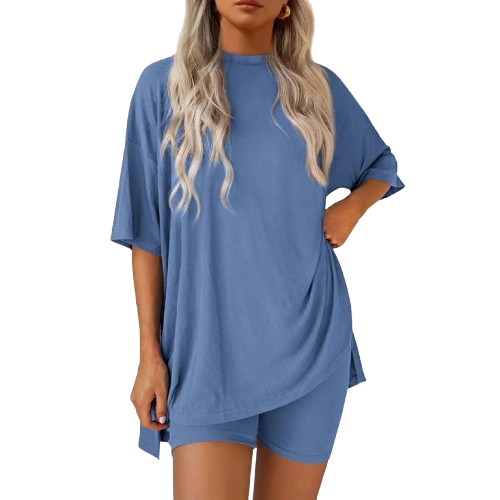 Women's Summer Two-Piece Lounge Set – Oversized Top & Biker Shorts, Soft & Comfy