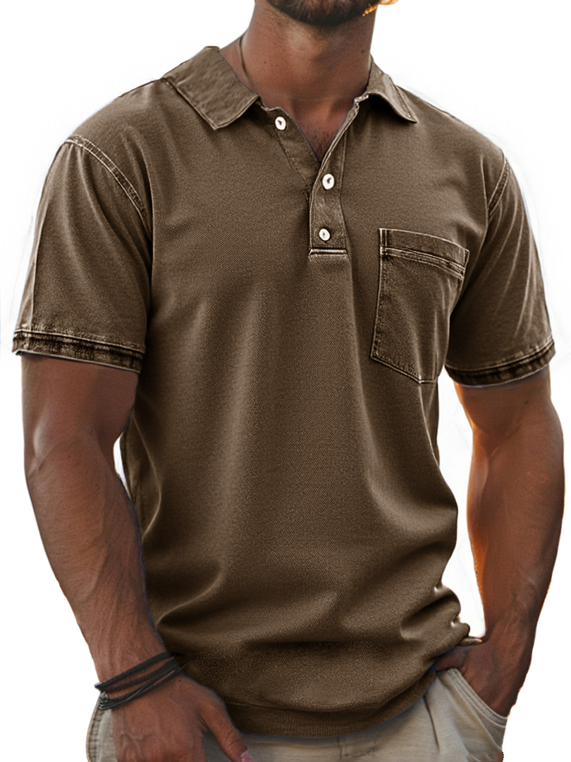 Men's Stylish Retro Pure Cotton Distressed Fabric Pocket Lapel Polo Shirt