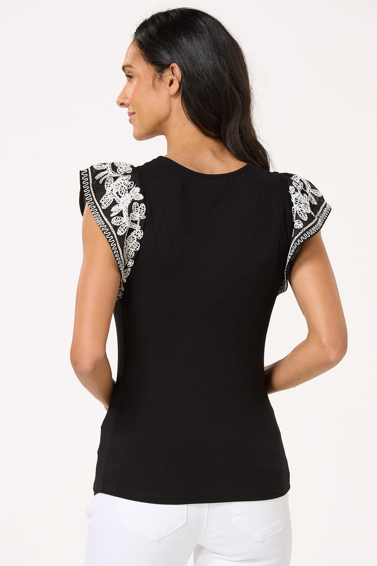 Embroidered Flutter Sleeve Top