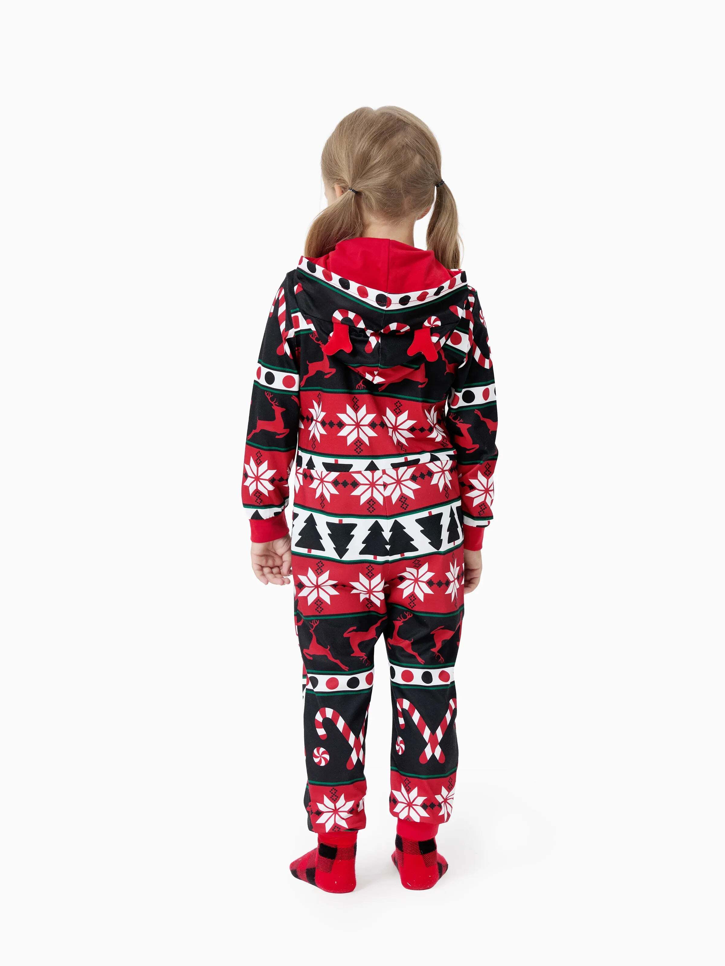 Christmas Pajamas 3D Reindeer Pattern Zipper Hooded Onesies Matching Family Outfits red/black