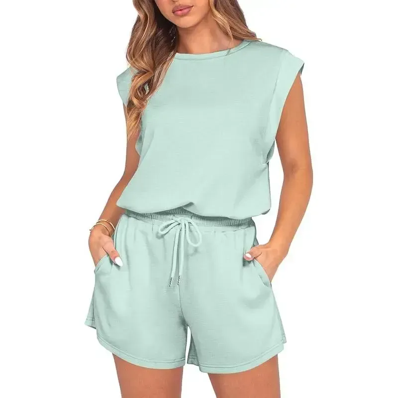 Women 2026 Summer Cap Sleeve Adjustable Drawstring Waistband Cozy Lounge Short Jumpsuit With Pocket