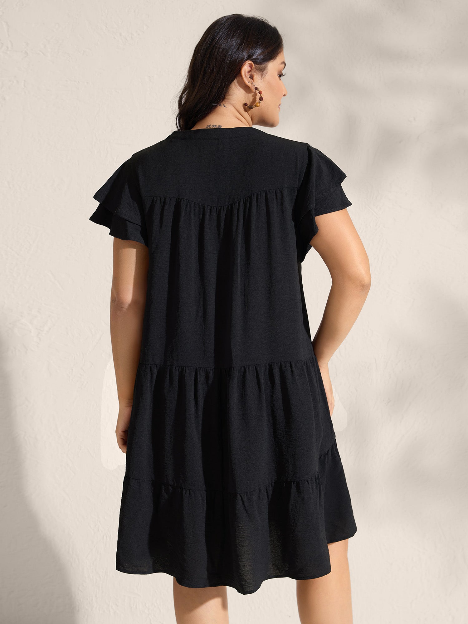 Embroidered Neckline A-Line Ruffled Knee-Length Dress