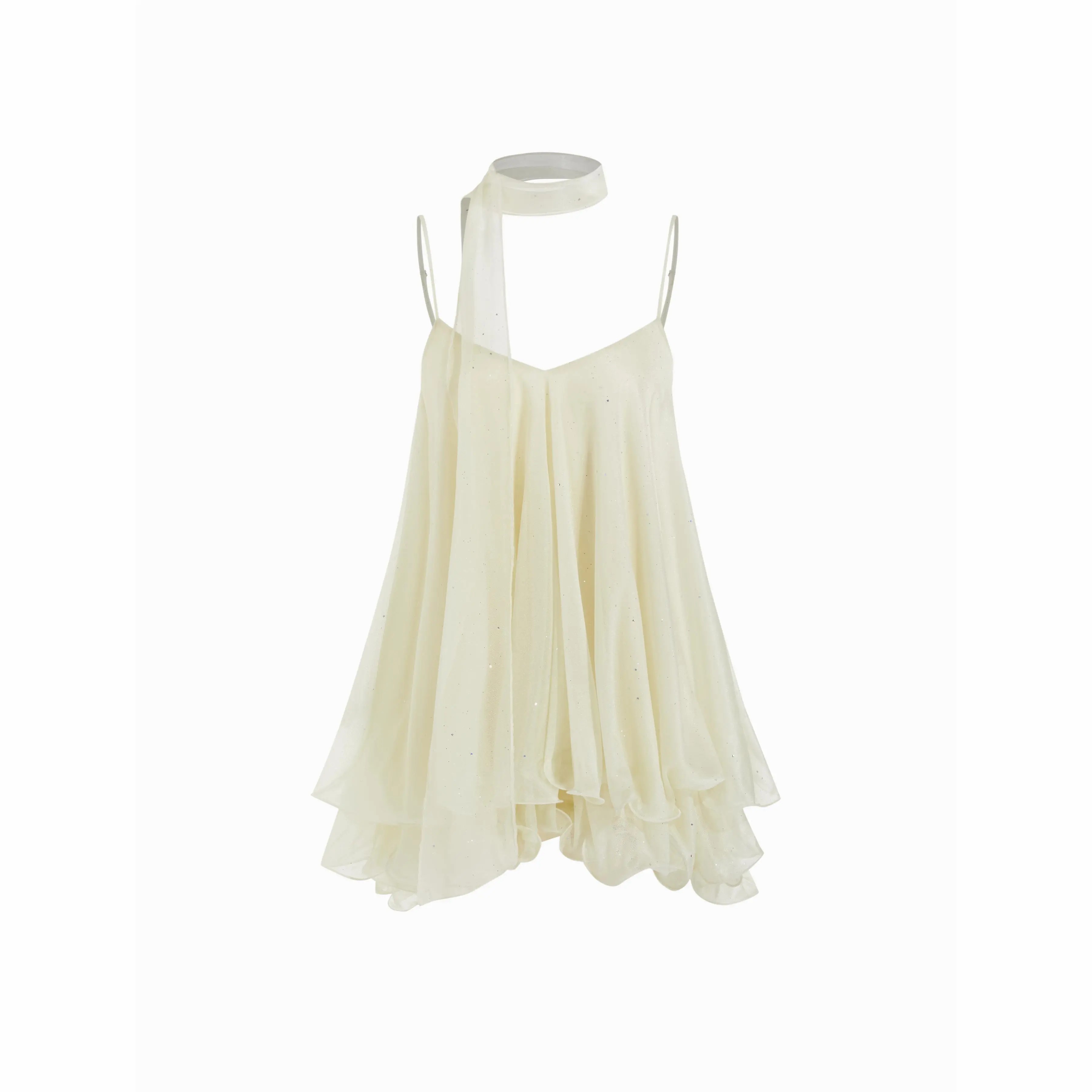 Women's Sequin V-Neck Halter Mini Dress – Ruffled Hem with Scarf