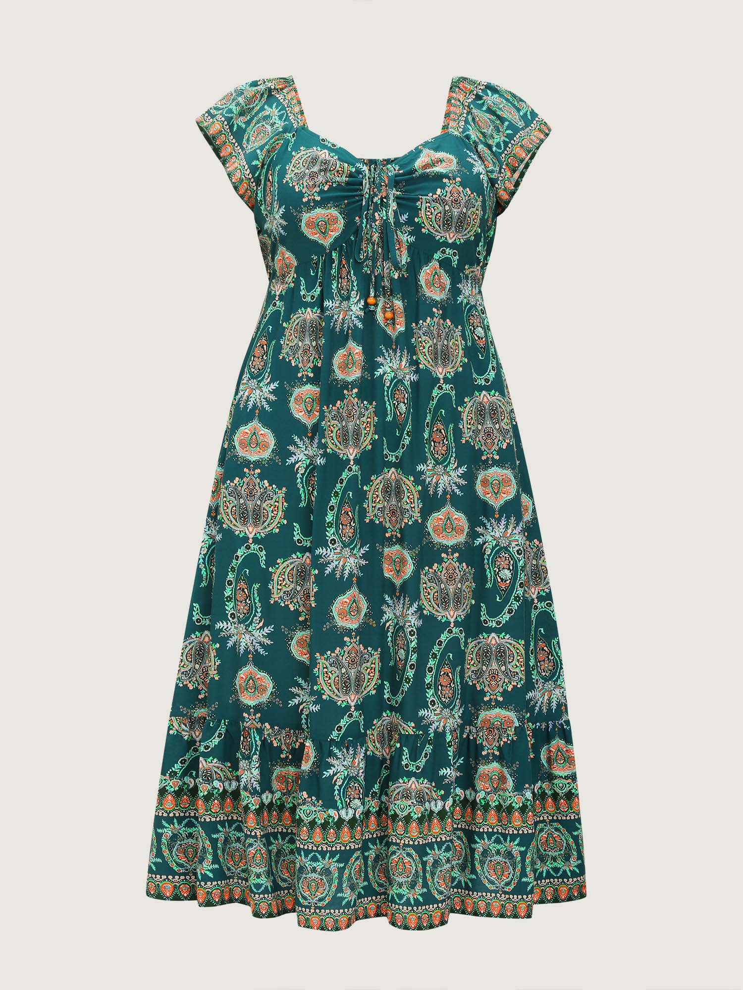 Paisley Print Ruched Adjustable Bodice Maxi Dress