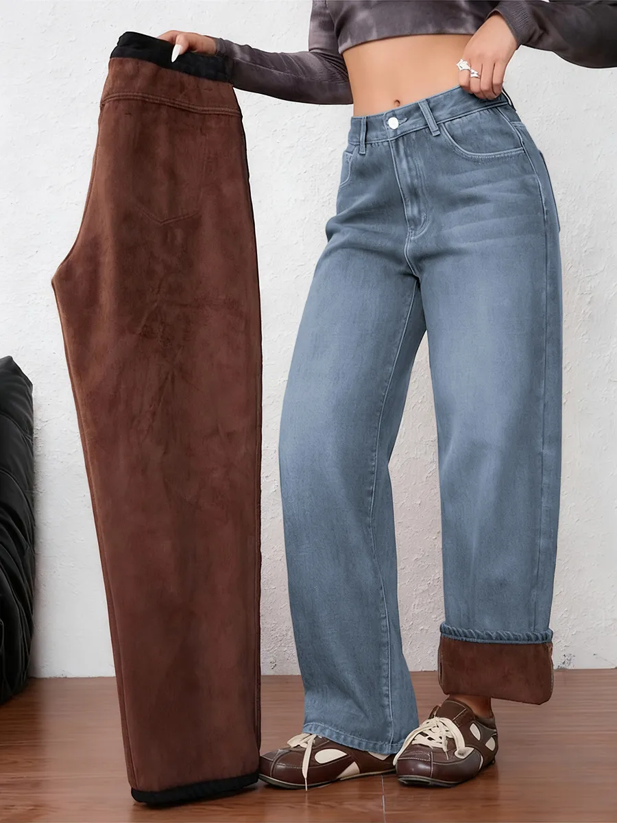 Women's Vintage Fleece-Lined Thickened Fall Winter Wide Leg Jeans