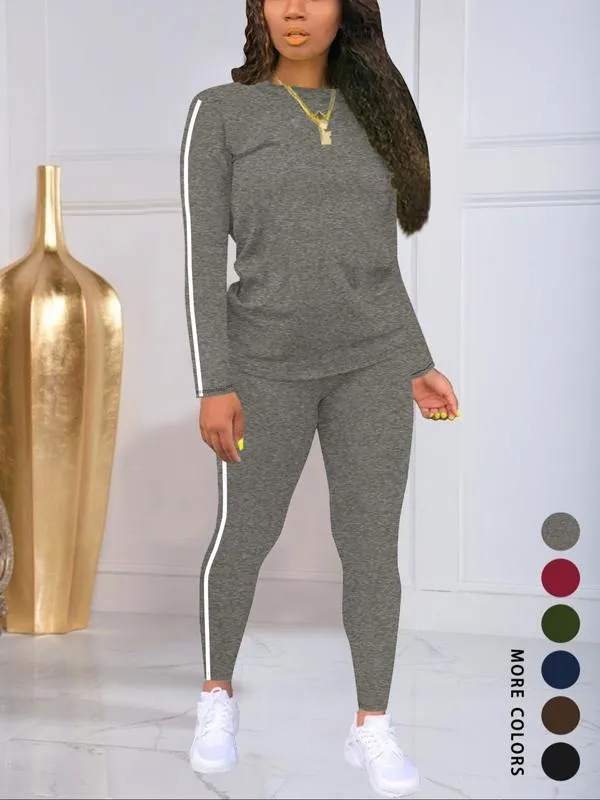 Women's Striped Print Long Sleeve Top & Pants Two-piece Set