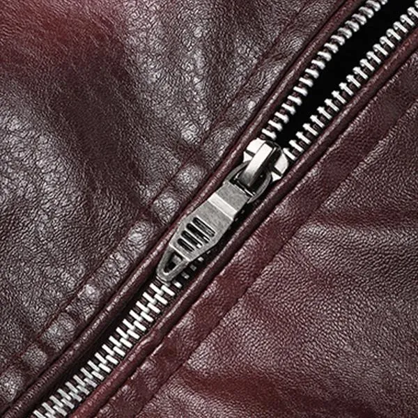 Men's Wine Red PU Leather Motorcycle Jacket - Quilted Details, Multiple Zippers