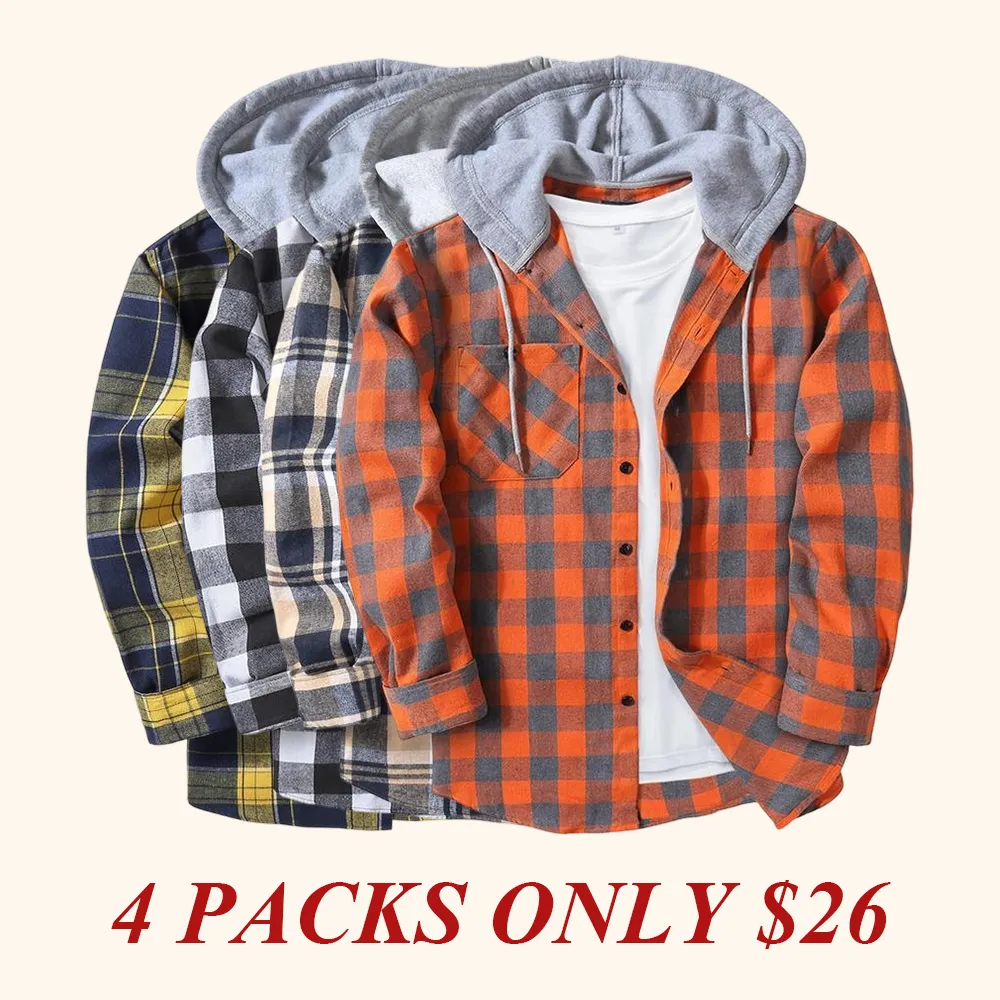 Men's Plaid Print Button Front Drawstring Hooded Shirt, Regular Fit Casual Pocket Long Sleeve Outerwear
