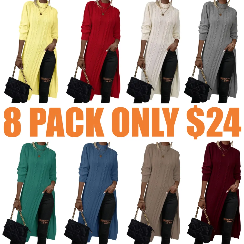 Sweater Mock Neck Split Hem Cable Knit Longline for Fall