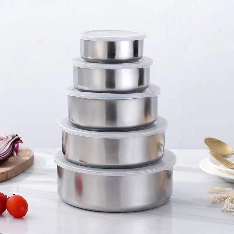 5PC Set Stainless Steel Low Profile Bowl with Airtight Lid