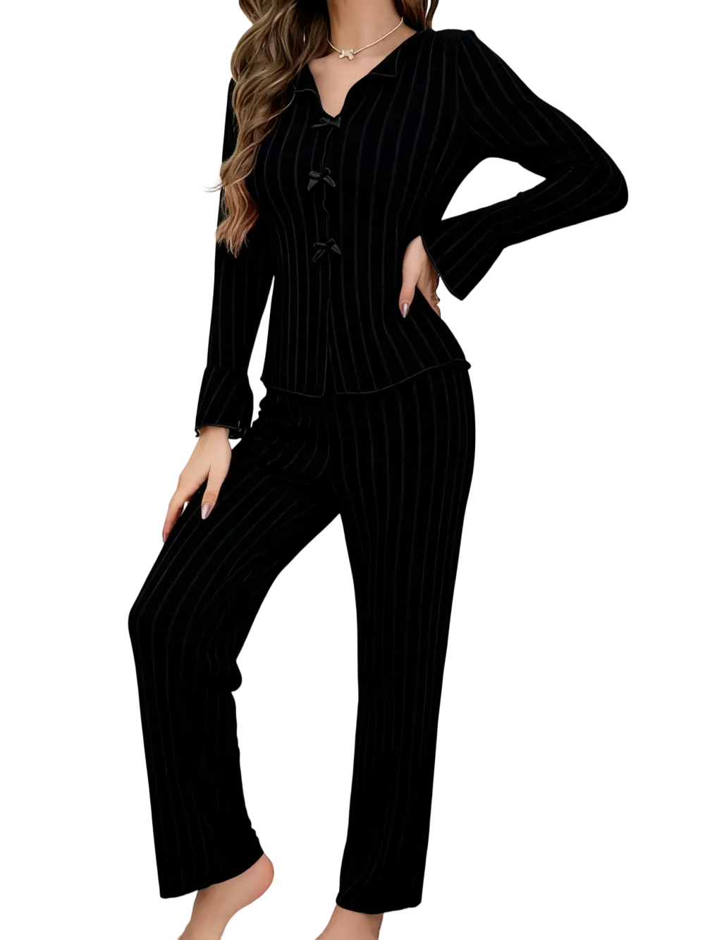 Women's two-piece loungewear set with ruffled top and pants