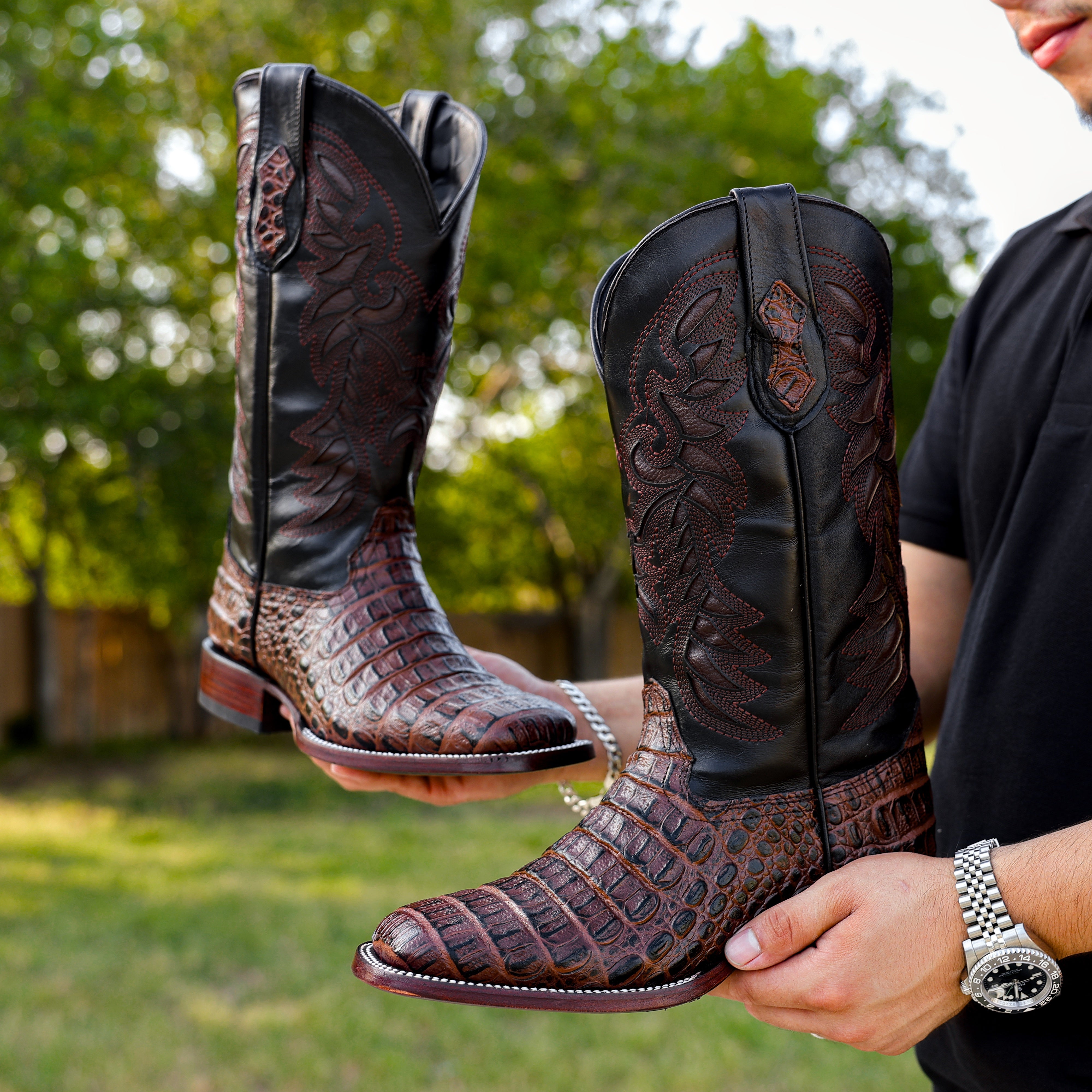 Chocolate Brown Caiman Hornback Leather Boots - Square Toe