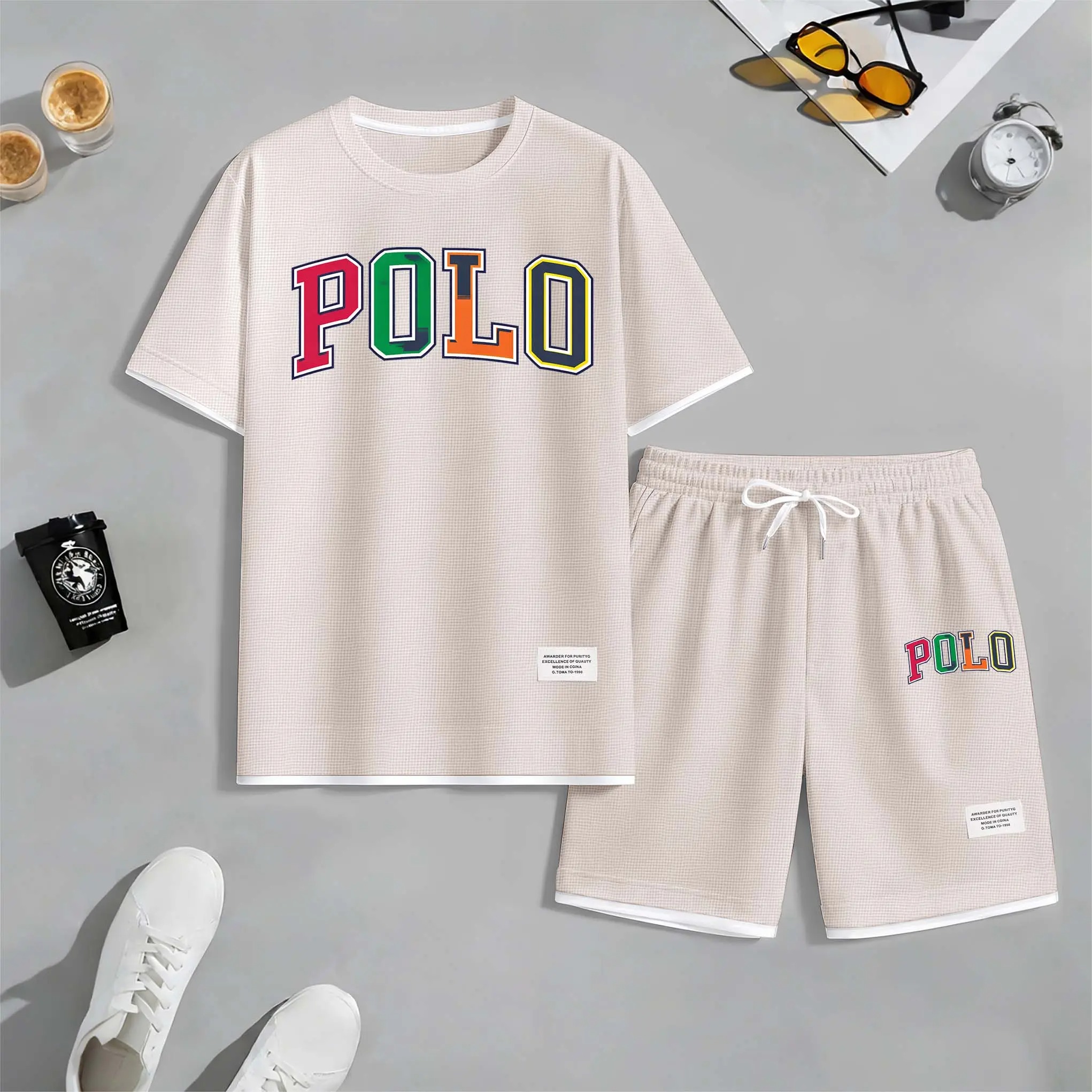 Men’s Printed Polo Shirt & Drawstring Shorts Set – Casual Summer 2-Piece Outfit