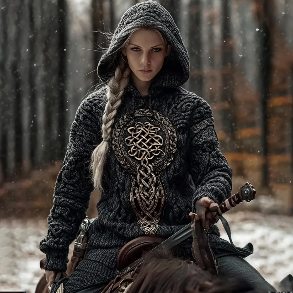 Viking Style Gold Celtic Knot Thick Needle Hooded Sweater