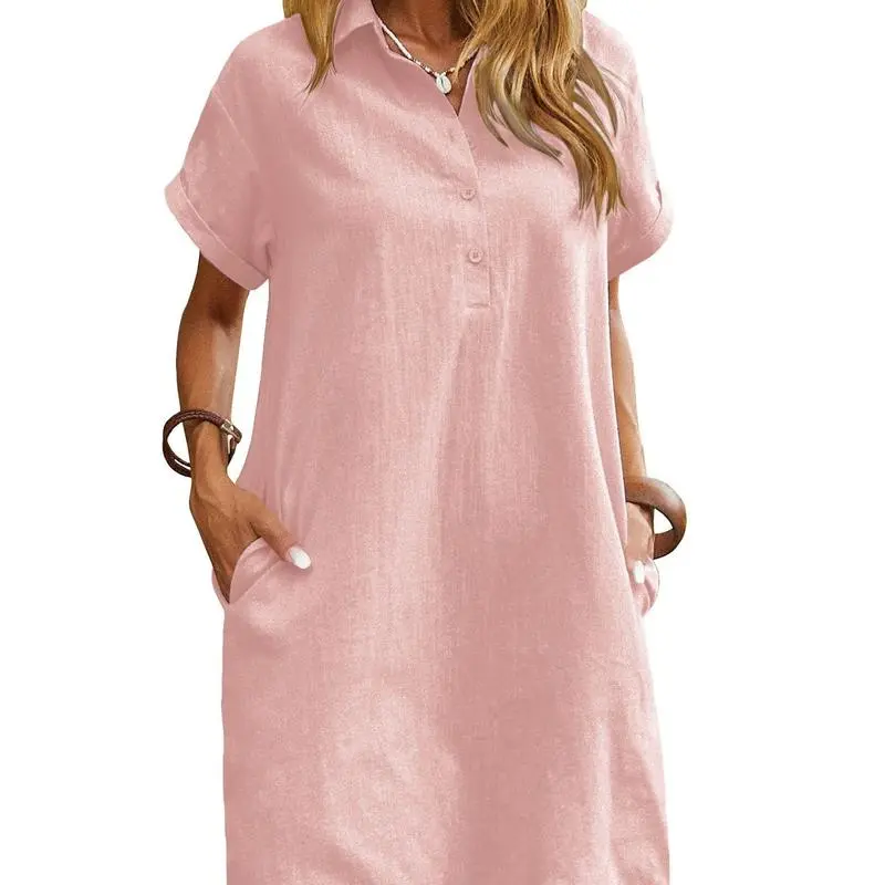 Womens Cotton Shirt Dress Summer Casual Short Sleeve Button Down Beach Cover Up Shirts with Pockets