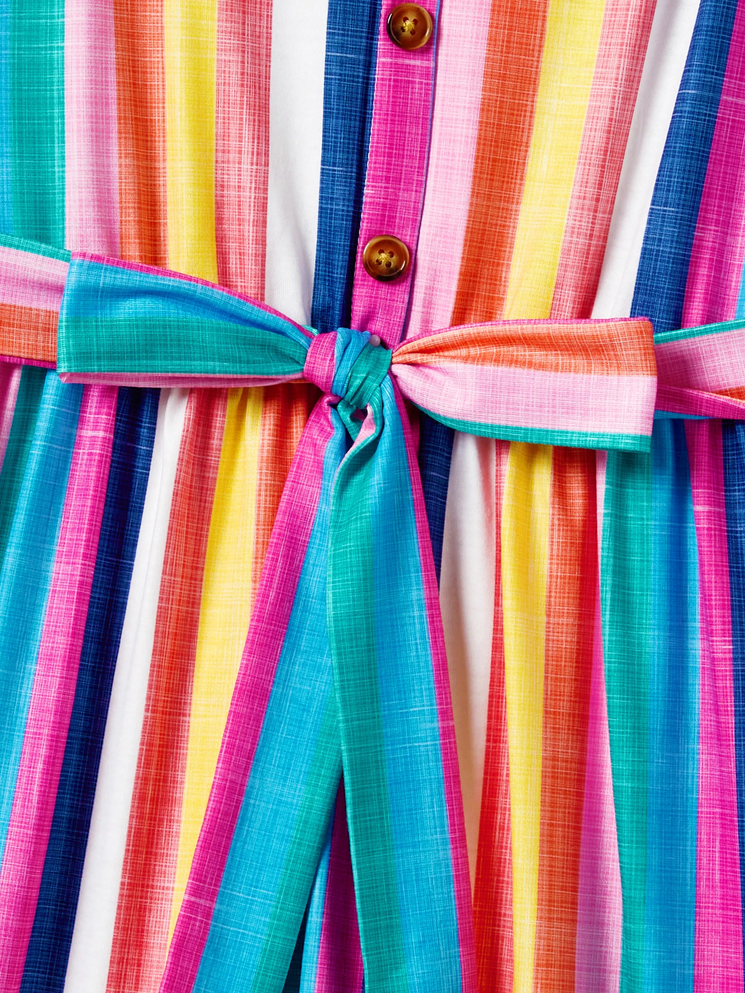 Family Matching Multi-Color Stripe T-shirt and Ruffle Hem Button Strap Dress Sets COLOREDSTRIPES