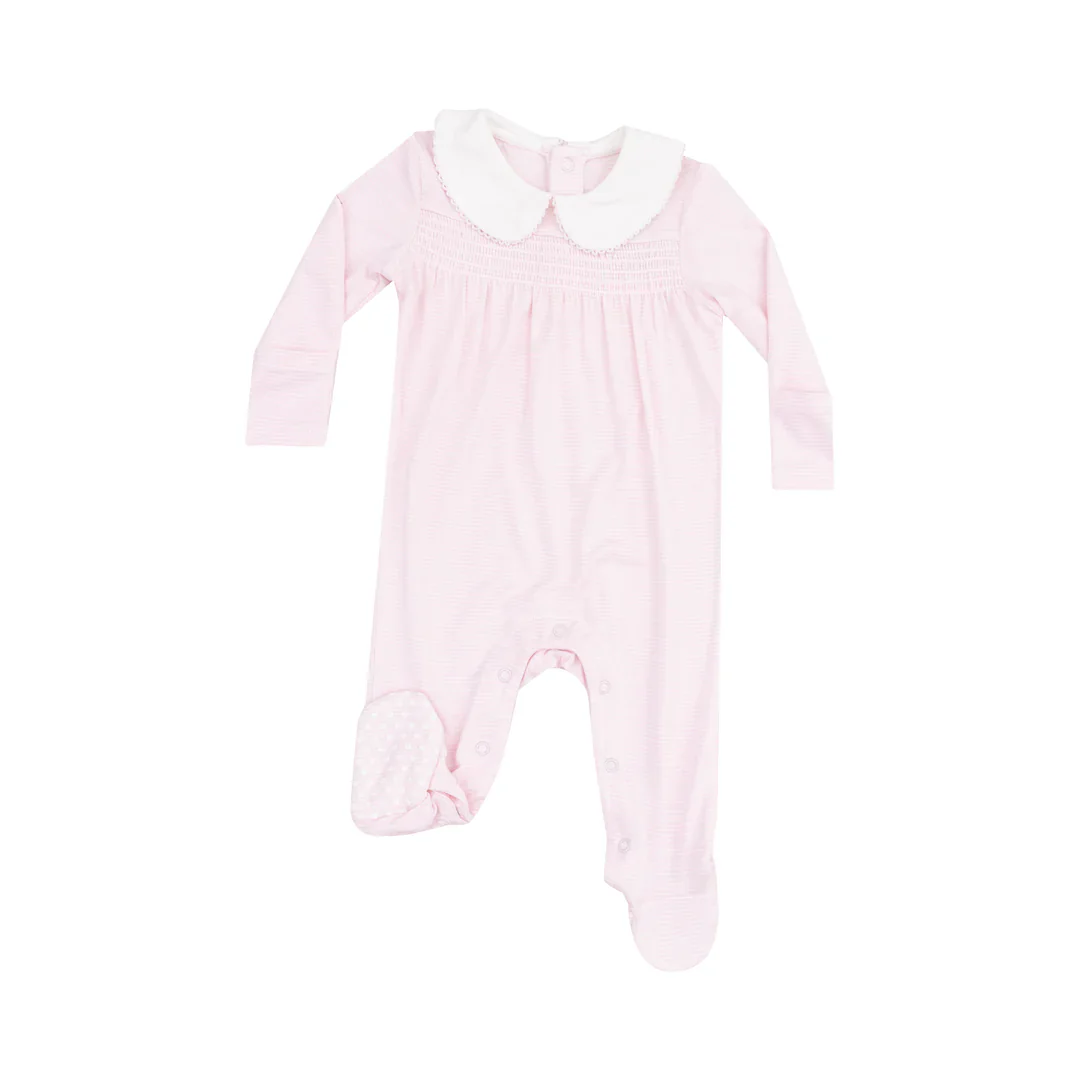SMOCKED PETER PAN FOOTIE - STRIPE CLASSIC PINK