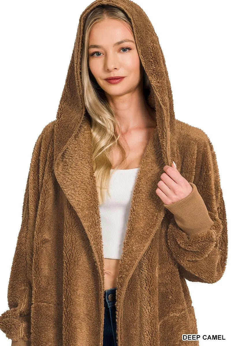 Hooded Faux Fur Jacket with Pockets