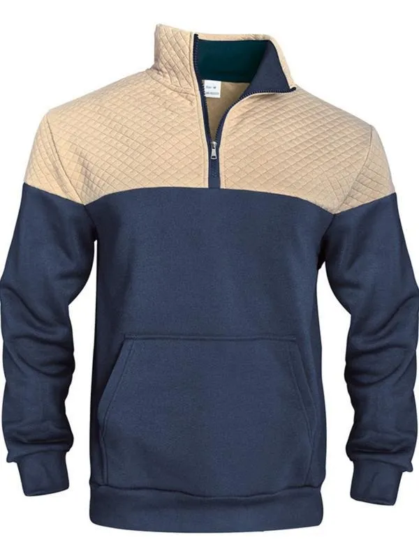 Men's Fall/Winter Patchwork Design Casual Stand-Up Collar Zipper Hoodie Stylish Commuter Sweatshirt