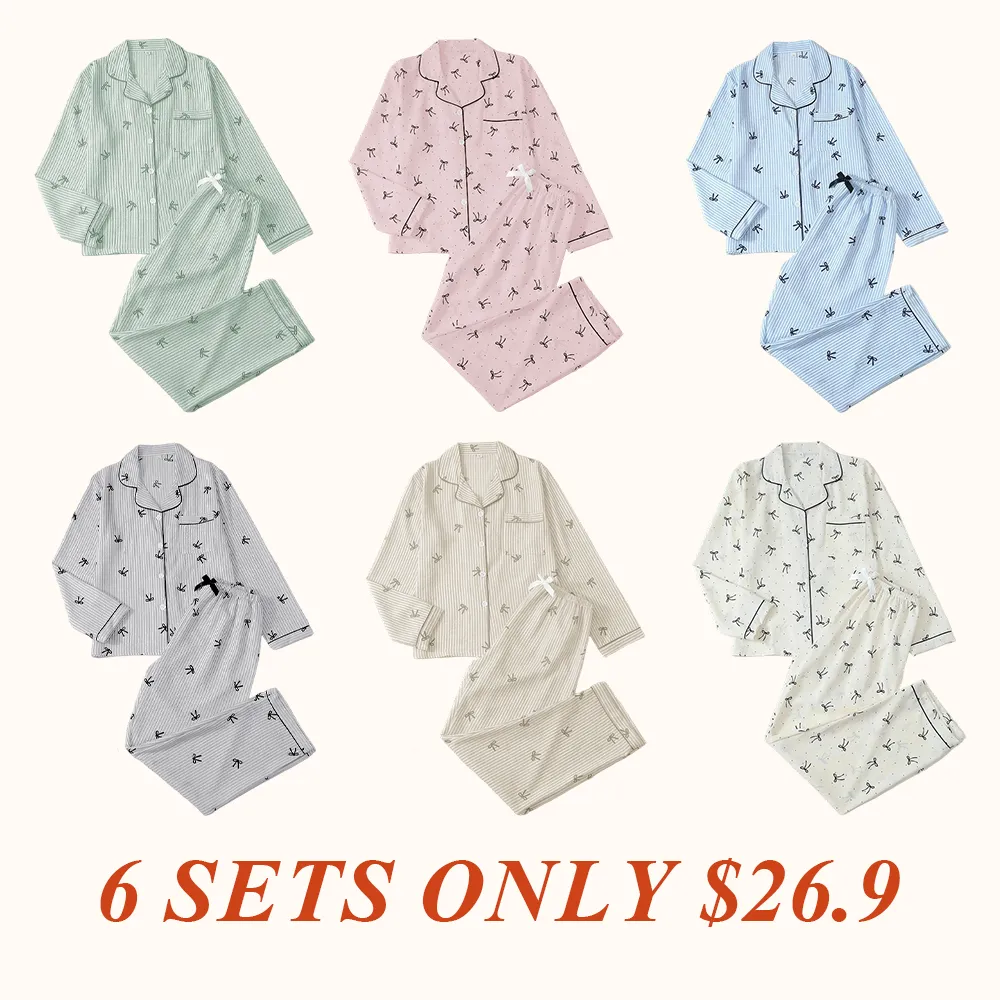 Women's Striped Bow Print Long Sleeve Pajama Set