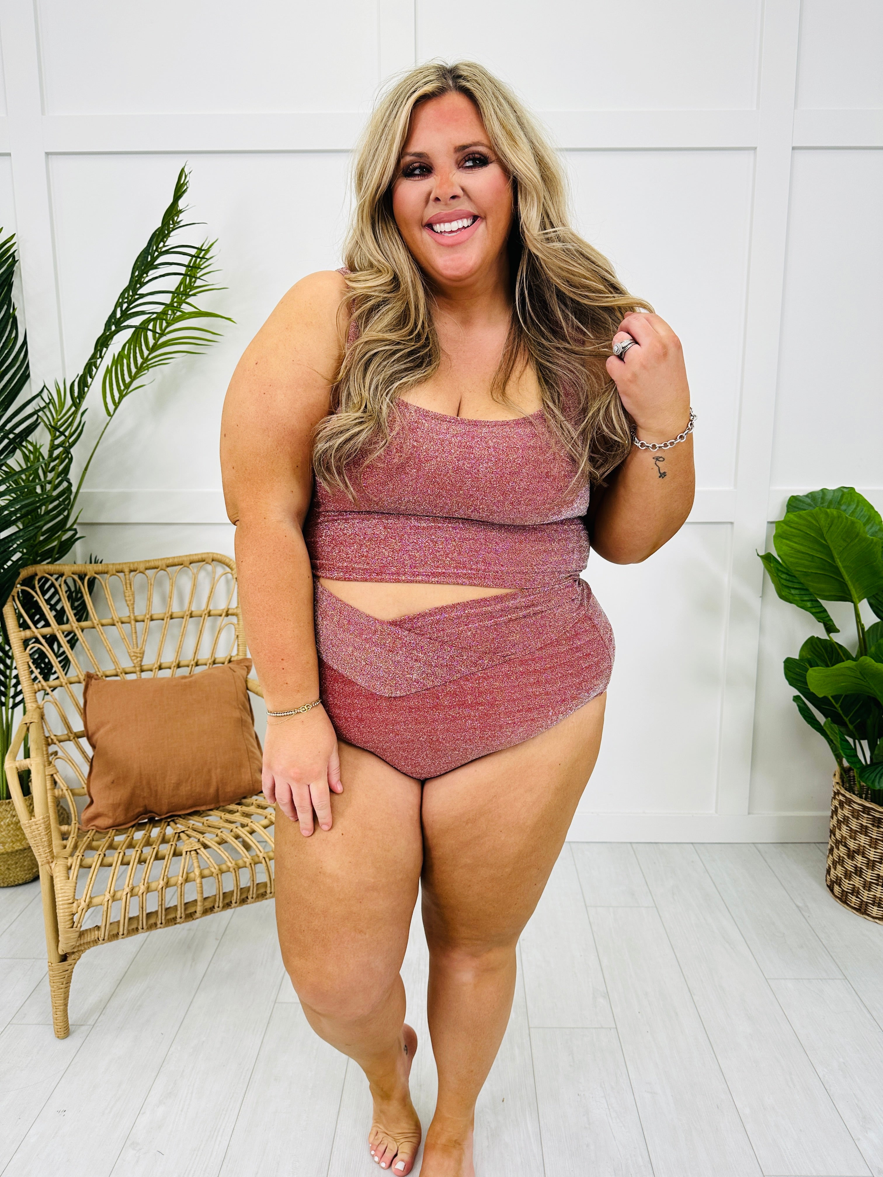 High Waisted V-Cut Swim Bottoms in Cranberry Shimmer